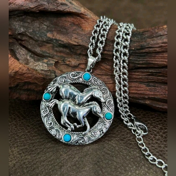 Silver and Turquoise Horses Pendant Necklace - Picture 3 of 4